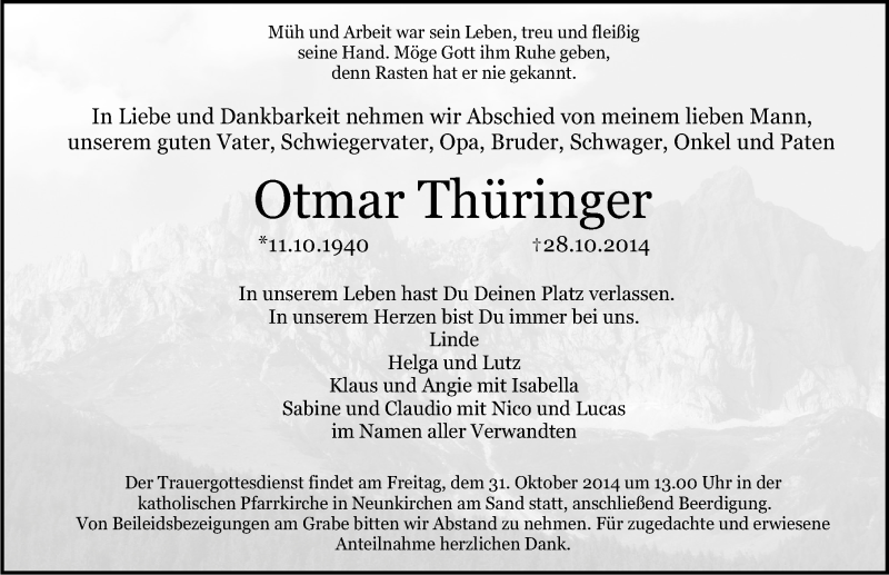  Traueranzeige für Otmar Thüringer vom 30.10.2014 aus Pegnitz-Zeitung